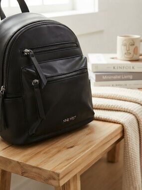 Nine West Black Mini Faux-Leather Backpack with Front Zip Pockets